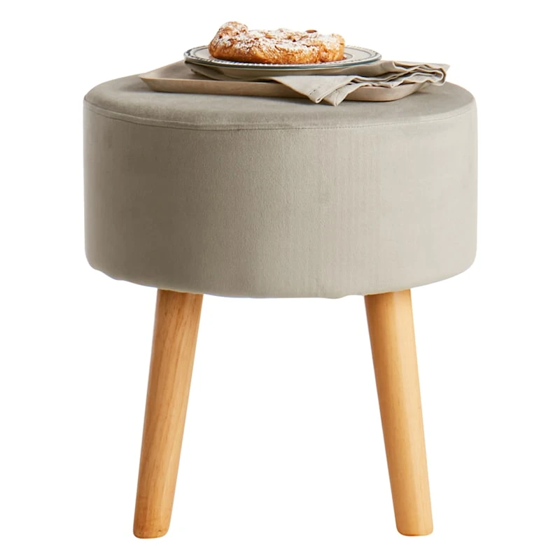 Emmy Grey Velvet Round Wood Leg Ottoman 2 Emmy Grey Velvet Round Wood Leg Ottoman - Image 2
