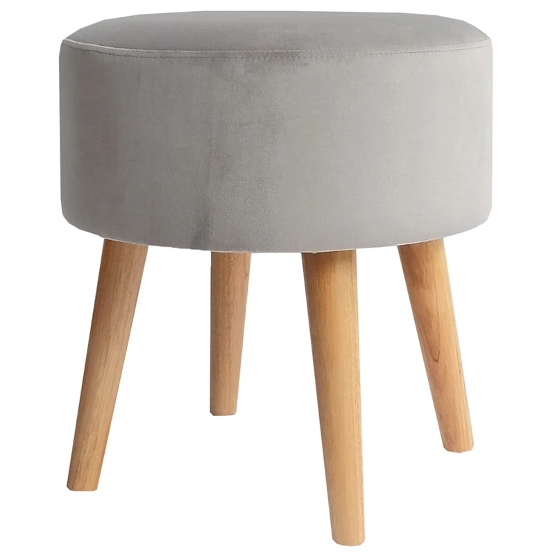 Emmy Grey Velvet Round Wood Leg Ottoman 4 Emmy Grey Velvet Round Wood Leg Ottoman - Image 4