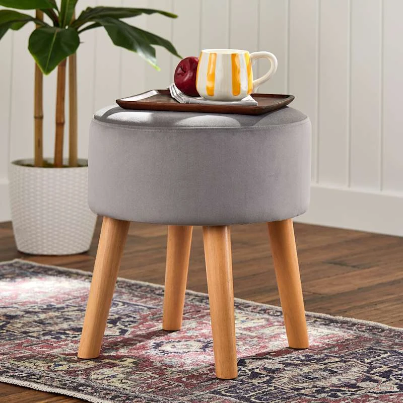 Emmy Grey Velvet Round Wood Leg Ottoman 5 Emmy Grey Velvet Round Wood Leg Ottoman - Image 5
