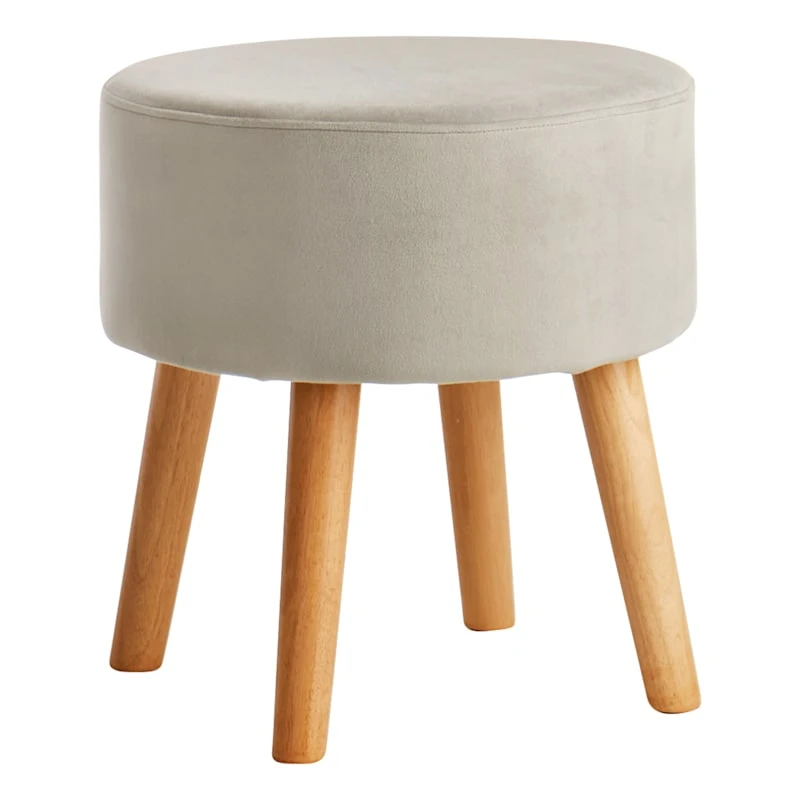 Emmy Grey Velvet Round Wood Leg Ottoman 1 Emmy Grey Velvet Round Wood Leg Ottoman
