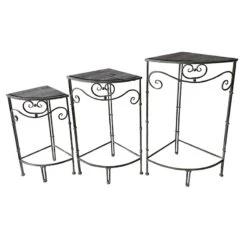 Fan Shaped Wood Top Plant Stand With Rustic Double Tube Metal Leg, Small