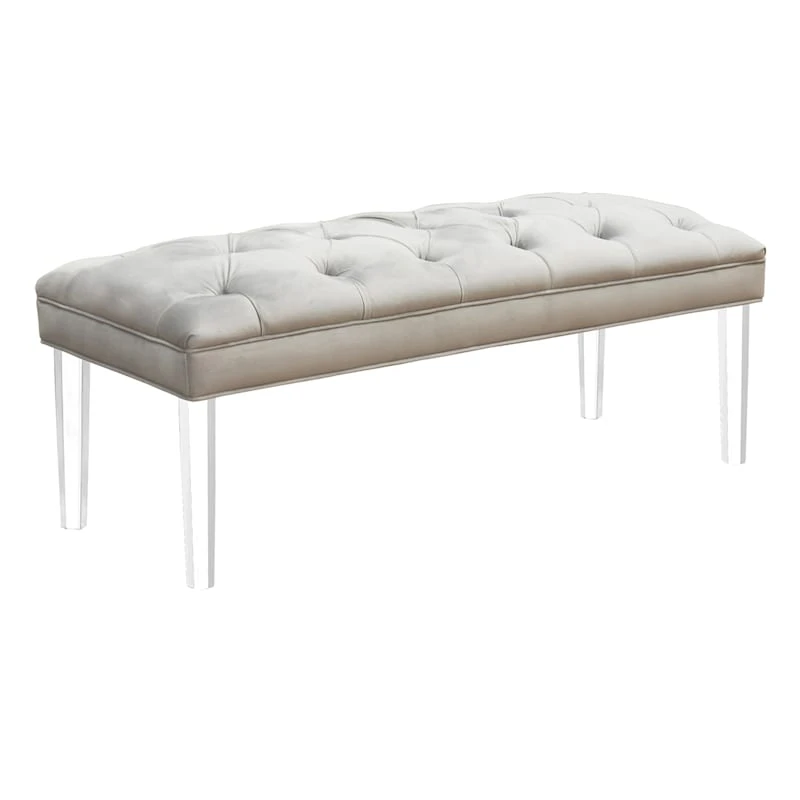 Laila Ali Grey Tufted Acrylic Leg Bench 1 Laila Ali Grey Tufted Acrylic Leg Bench