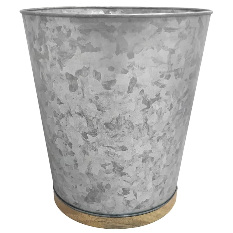 Light Grey Galvanized Metal With Wooden Accent Wastebasket, 10" 1 Light Grey Galvanized Metal With Wooden Accent Wastebasket, 10"