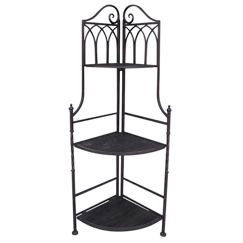 Metal Corner Rack With Brown Decorative Arch & Folding Wood-Top Shelves, 47" 1 Metal Corner Rack With Brown Decorative Arch & Folding Wood-Top Shelves, 47"