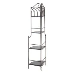 Metal Corner Rack With Brown Decorative Arch & Folding Wood-Top Shelves, 63" -At Home Sales Store metal corner rack with brown decorative arch folding wood top shelves 63 2