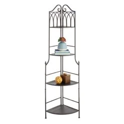 Metal Corner Rack With Brown Decorative Arch & Folding Wood-Top Shelves, 63" -At Home Sales Store metal corner rack with brown decorative arch folding wood top shelves 63 5