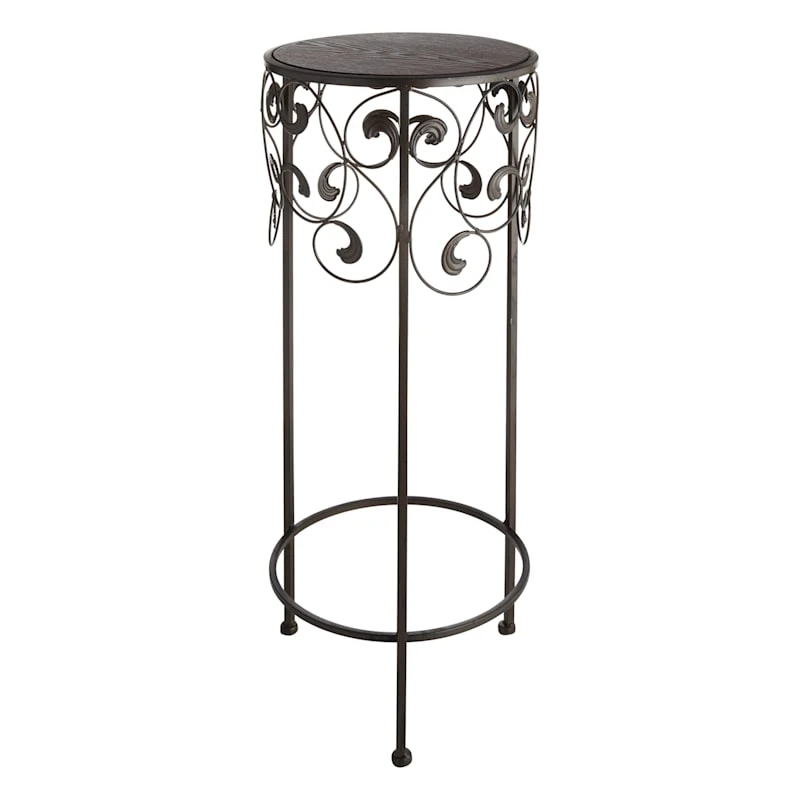 Round Wood Top With Scroll Metal Plant Stand, Large 1 Round Wood Top With Scroll Metal Plant Stand, Large