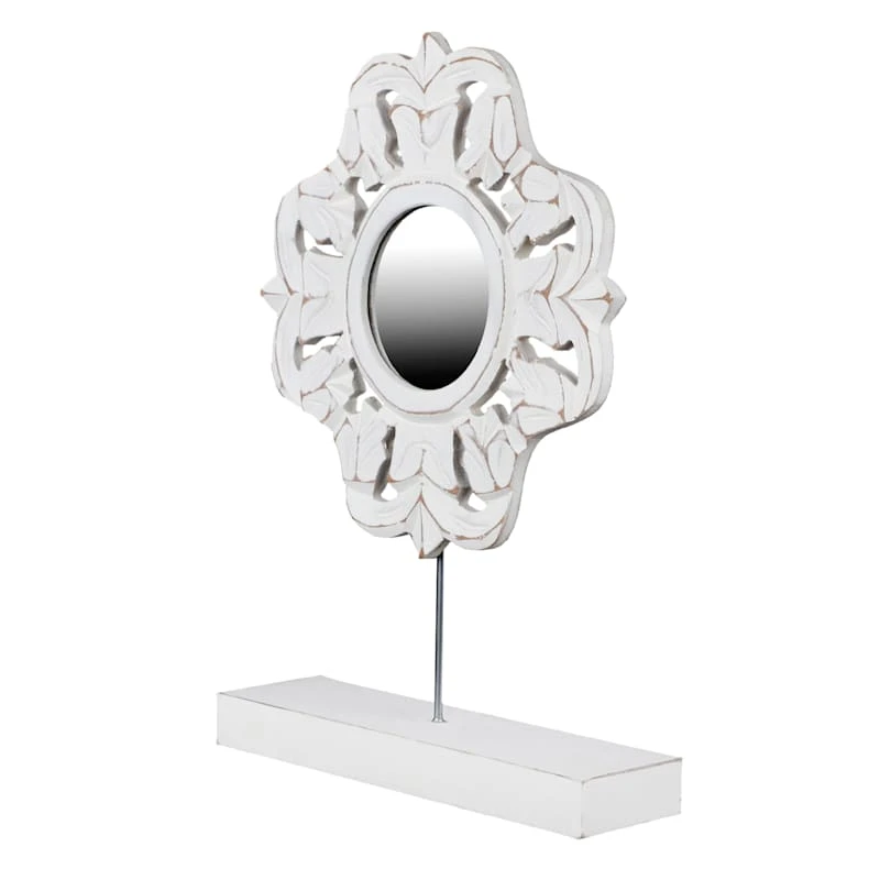 Whitewashed Carved Art With Mirror, 13" 2 Whitewashed Carved Art With Mirror, 13" - Image 2